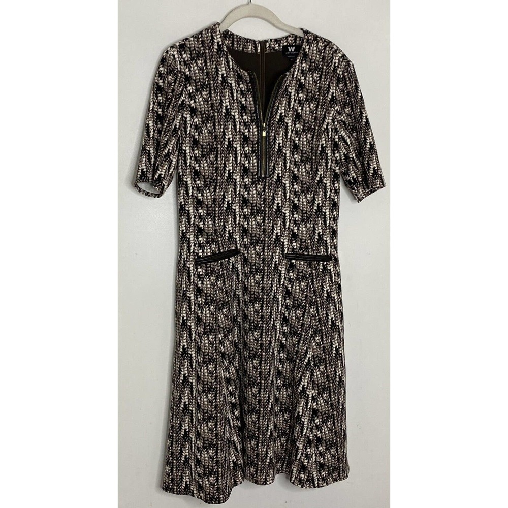W By Worth Womens Tan Brown Printed Zip Front Short Sleeve Flare Dress Sz 8 - Picture 2 of 5